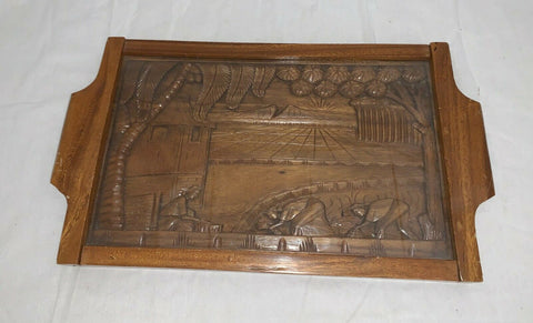 Asian Wooden Tray Hand Carved Village