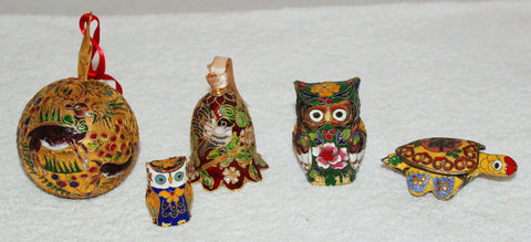 Cloisonne Enamel On Metal Owls, Ornaments, Turtle