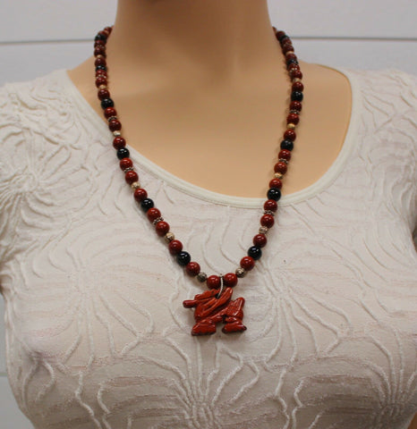 Gem Stone Necklace With Red Jasper & Onyx Chinese Zodiac Dragon Pendant  24"