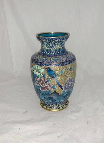 Cloisonne Floral Enamel On Brass Vase